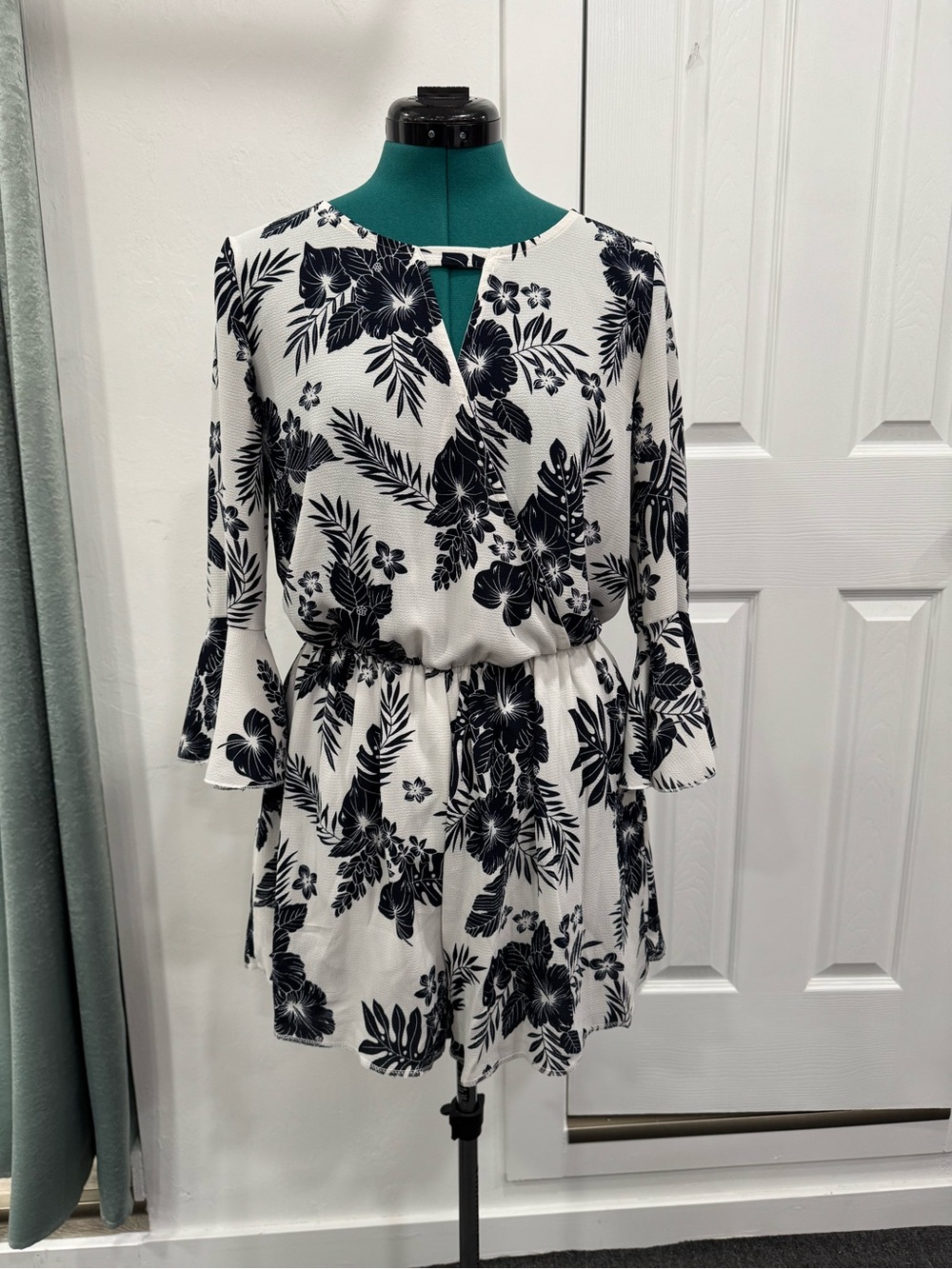 Floral Surplice White and Navy Romper with Elastic Waist